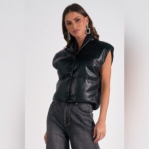 Elan Black Faux Leather Puffer Vest Sleeveless High Collar Jacket Size M NWT